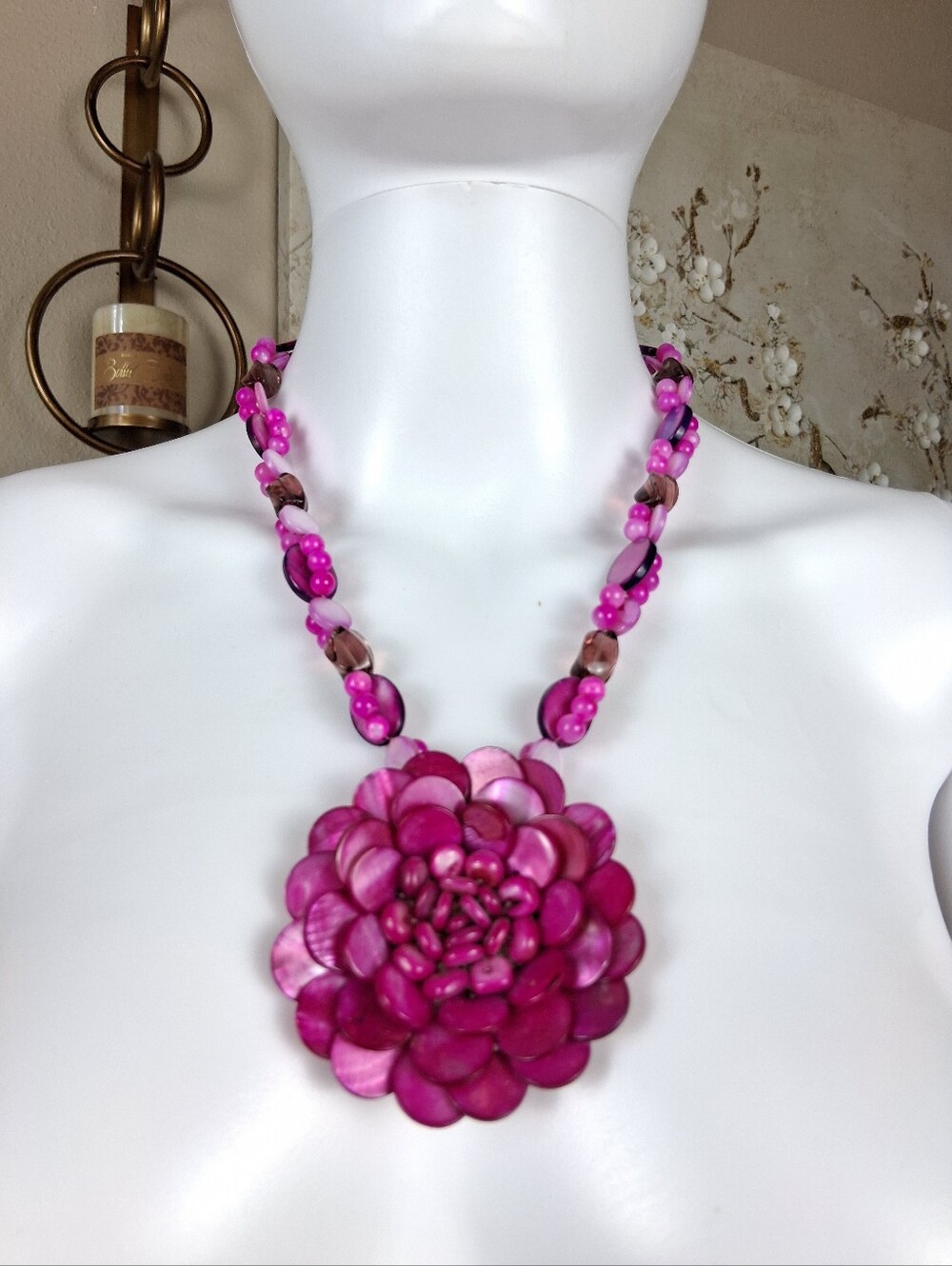 Women's Pink Floral Statement Necklace - Women Jewelry Beaded Necklaces - Picture 10 of 16